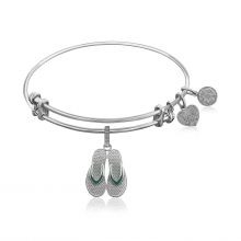Expandable Bangle in White Tone Brass with Enamel Flip Flop Charm Symbol