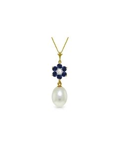 4.53 Carat 14K Gold Necklace Natural Pearl, Sapphire Diamond