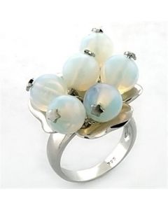 Ring 925 Sterling Silver Rhodium Synthetic White Glass Bead