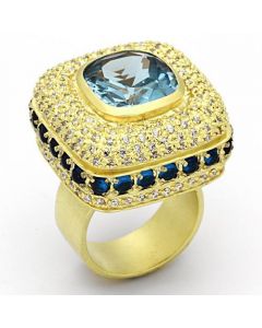 Ring Brass Matte Gold Synthetic London Blue Spinel