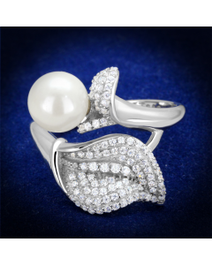 Ring 925 Sterling Silver Rhodium Synthetic White Pearl