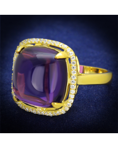 Ring 925 Sterling Silver Gold Synthetic Amethyst Synthetic Glass