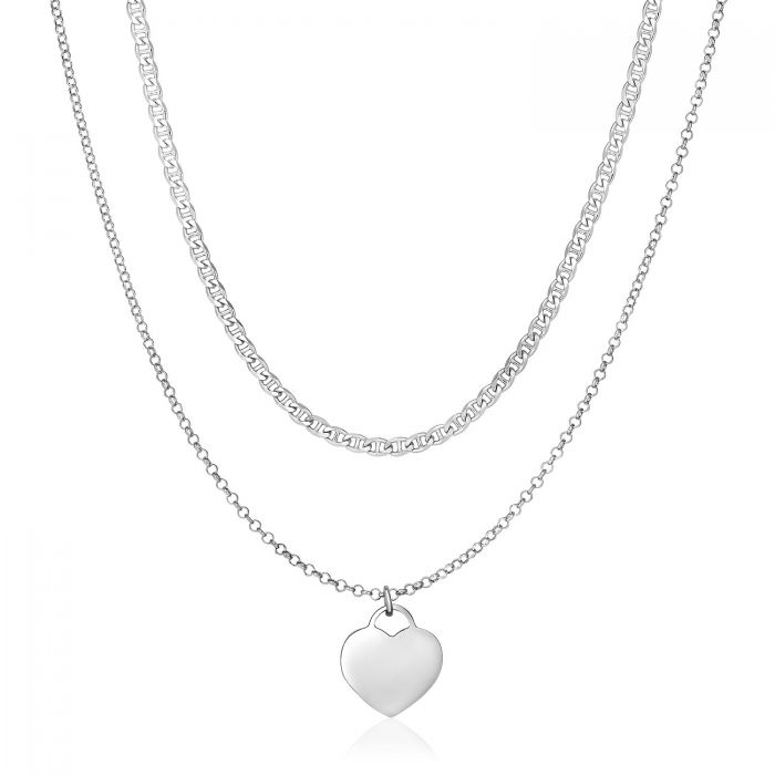 STERLING SILVER 16 INCH TWO STRAND NECKLACE WITH POLISHED HEART
