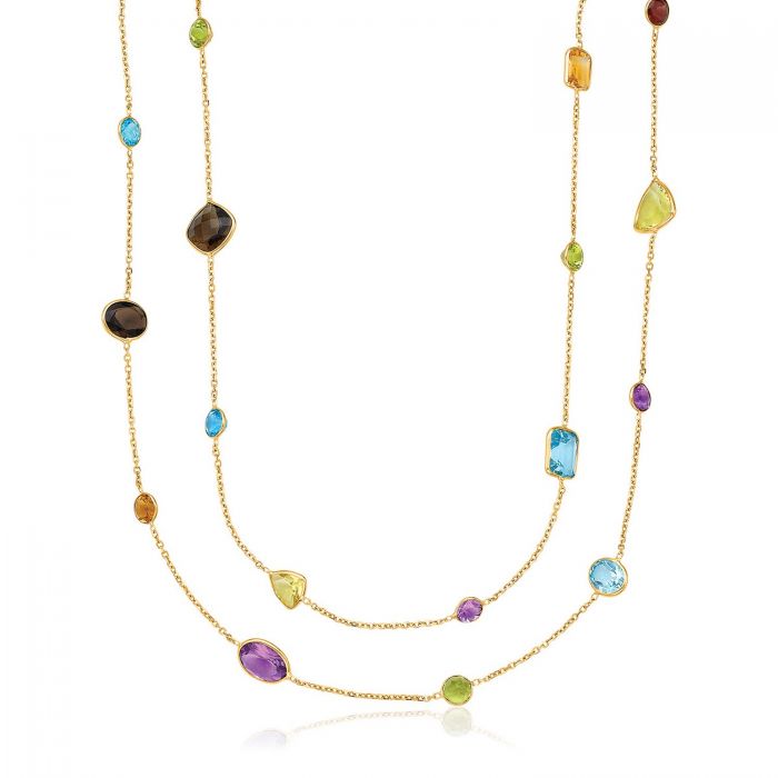 14K YELLOW GOLD DOUBLE LAYER MULTI GEM NECKLACE